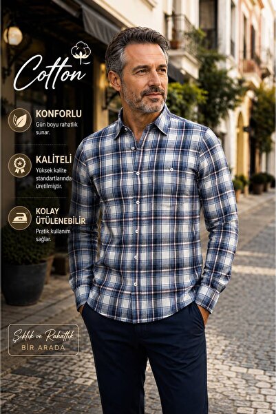Beyome Men's 100% Cotton Plaid Shirt Relaxed Fit Single Pocket Long Sleeve Co...