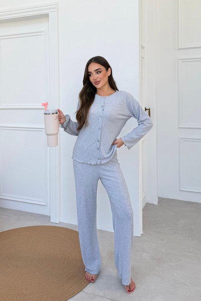 MJAMASS Gray Corduroy Pajama Set with Front Buttons