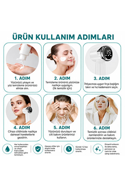 Merwish Şarjlı Yüz Temizleme ve Cilt Bakım Cihazı 6 Farklı Başlıklı 15 Kademeli Hız Ayarlı Dijital Ekranlı Type-C Şarjlı