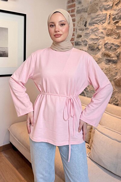 Salih Çelebi Lace-Up Combed Cotton Blouse 13071 - Light Pink