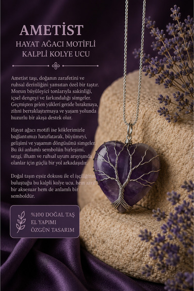 OSMANLI DOĞAL TAŞ Sertifikalı Ametist Kalpli Kolye ( Hayat Ağacı Sarmallı, Çe...
