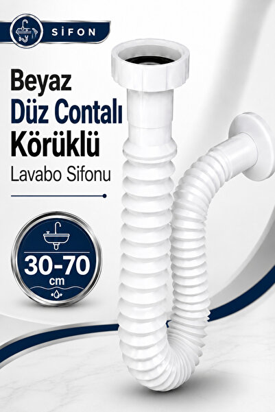 Badem10 30-70 Cm Lavabo Evye Sifonu Uzun Körüklü Uzayabilir Kıvrılır Beyaz Dü...