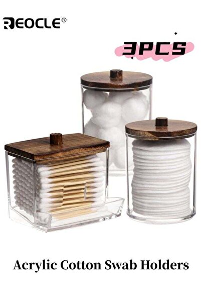REOCLE 3PCS Acrylic Cotton Swab Holders with Wood Lid Design and Multi Purpos...