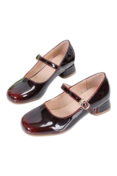 OEM Pantofi fete, cu toc, bordo, lacuiti, cu bretea, 35EU
