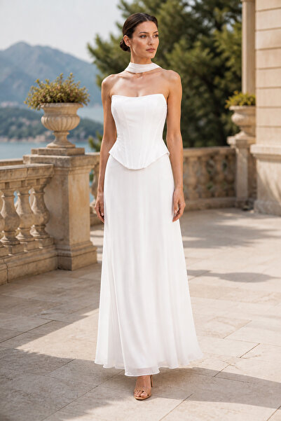 DORİDORCA Women's Waist-Corsage Strapless Long Evening Dress 8092 White