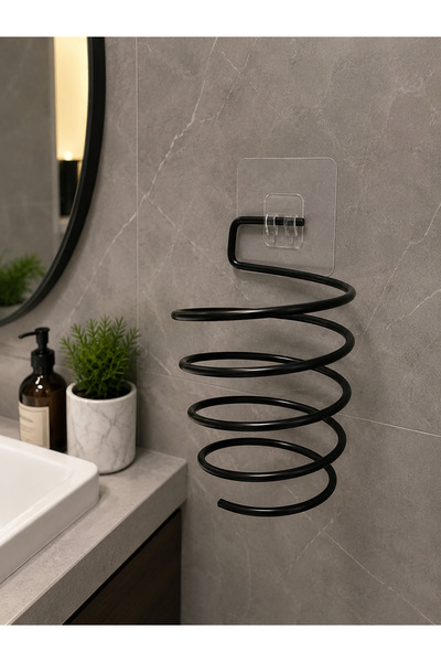 HSY STORE Yapışkanlı Matkapsız Siyah Metal Fön Makinesi Tutucu Banyo Düzenleyici Askı