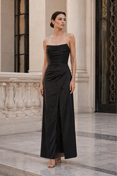 DORİDORCA Women's Strapless Draped Maxi Evening Dress 7085 Black