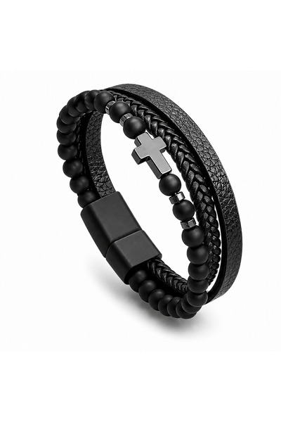 Generic Brand Brățară Cruce pentru Bărbați – Piele, Inox și Mărgele Negre, Ca...