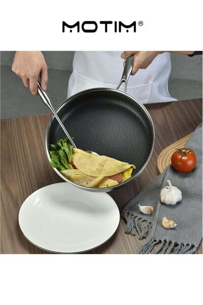 MOTIM Stainless Steel Semi Nonstick Frying Pan with Lid for Gas Electric Induction Ceramic Stoves and Oven Resistant (28CM)