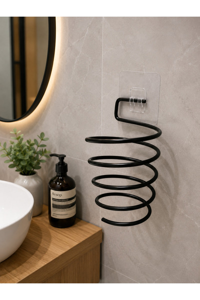 HSY STORE Yapışkanlı Matkapsız Siyah Metal Fön Makinesi Tutucu Banyo Düzenleyici Askı