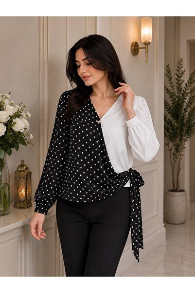 Verona Women's Two Tone Polka Dot V Neck Side Tie Long Sleeve Blouse