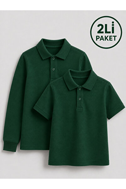 Bambino Unisex Çocuk Koyu Yeşil Polo Yaka Okul Tişörtü 2'li Paket – Kısa Kol ...