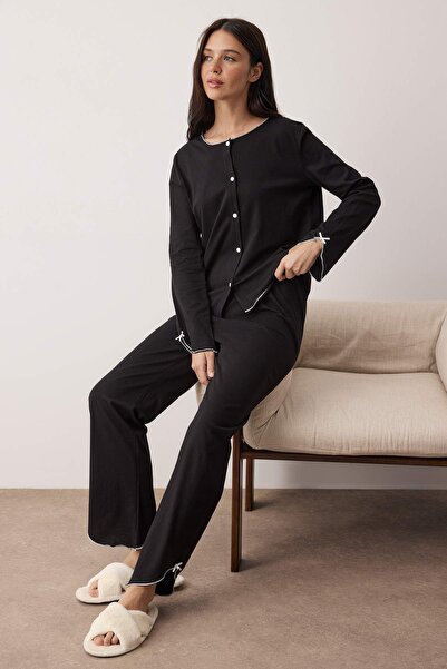 Laperissa Black 100% Cotton Baby Overlock and Ribbon Detailed Knitted Pajama Set
