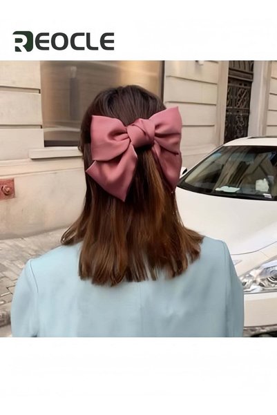 REOCLE Girls Hair Bows Clips Pleated Shiny Fabric Knotted Large Bowknot French Barrettes Big Hair Bow Hair Clips Handmade Hair Accessories Pink