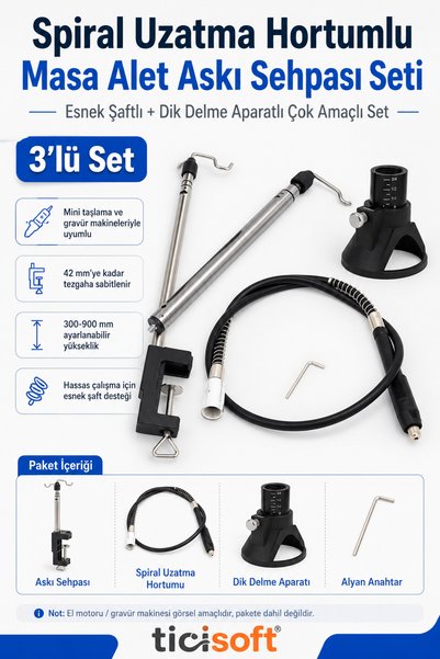 Ticisoft 3 Parça Gravür Makinesi Stand Seti Spiral Uzatma Hortumu Masa Alet A...
