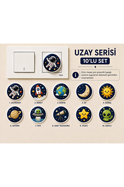 TRİMENT3D Uzay Serisi 10’lu Priz Güvenlik Kapağı – Dekoratif Uzay Temalı Set