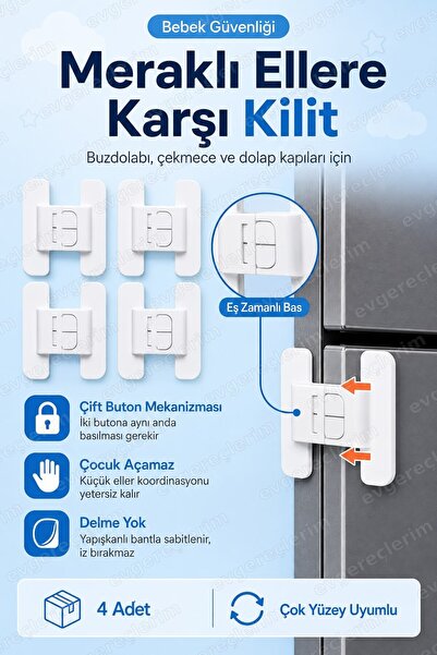 Evgereçlerim 4 Adet Çift Butonlu Buzdolabı Dolap Kapağı Çocuk Güvenlik Kilidi...