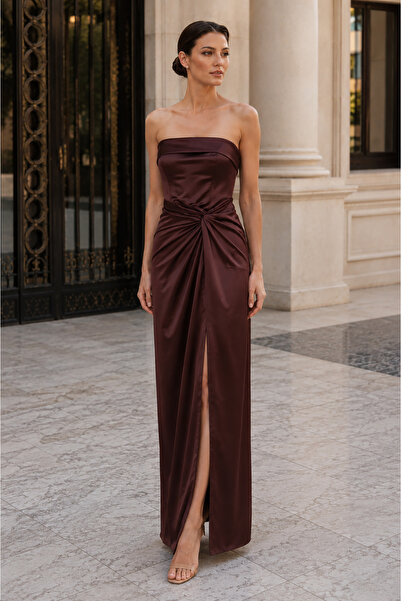 DORİDORCA Women's Strapless Deep Slit Long Evening Dress 8015 Brown