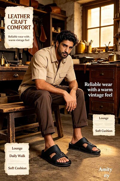 SaudEva Foot Men’s Black Grain‑Textured Faux‑Leather Slide Sandals, Decorativ...
