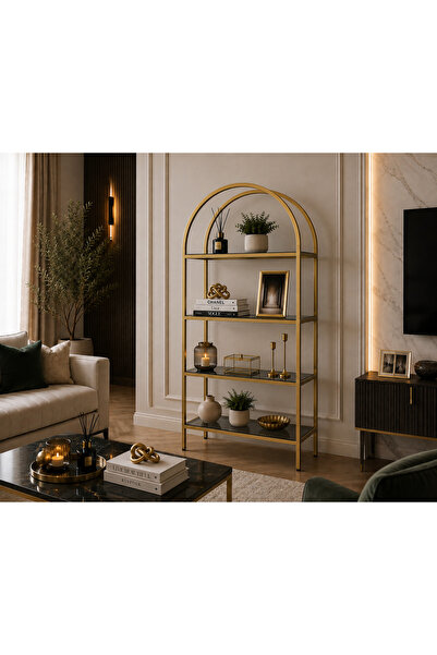 HADİD METAL DİZAYN Arched Gold 4 Raflı Dekoratif Kitaplık – Füme Camlı Metal ...