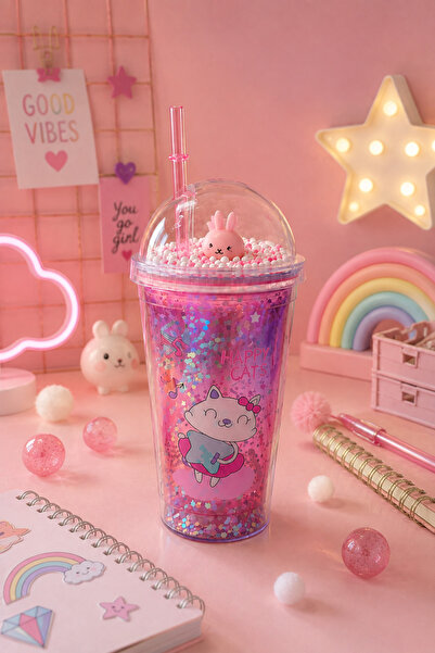 MİS KİTCHEN Glittery Glass with Straw – Decorative Drink Cup with Cute Figure...