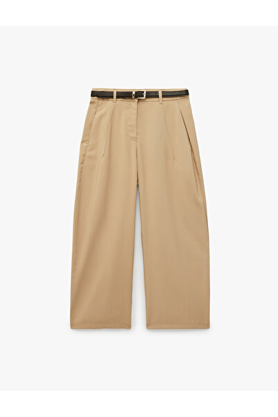 Koton Viscose Modal Fabric Pleated Detailed Pocketed Belted Barrel Trousers