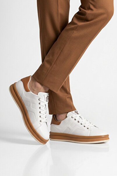 Voyager White Tan Genuine Leather Memory Sole Men's Sneaker