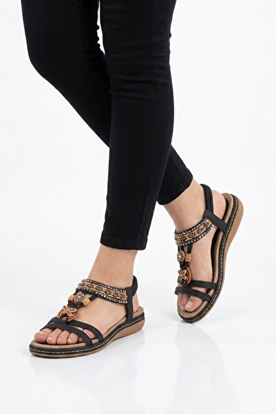 Voyager Black Genuine Leather Embroidered Women's Flat Sandals