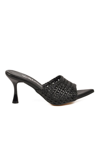 Aspor Black Straw Knitted Detailed Women's Heeled Slippers