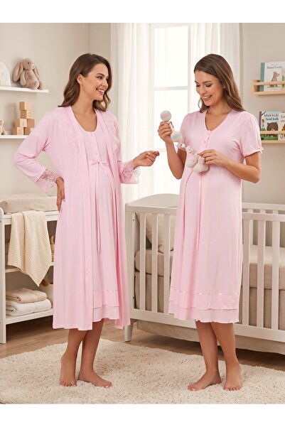 Lohussa New Season Pink Summer Lace Detailed Buttoned Breastfeeding Compatibl...