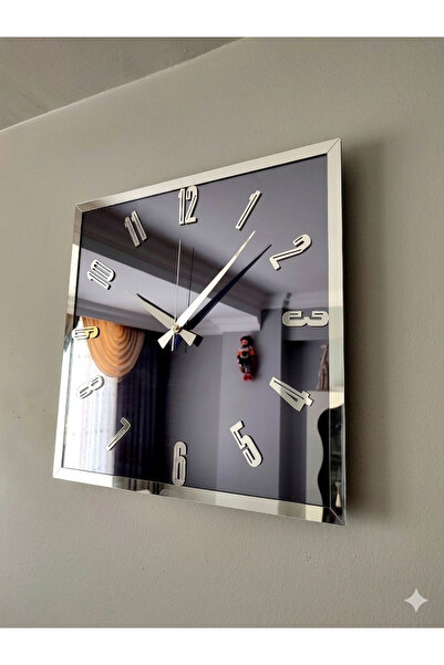 Ronson Füme Aynalı Pleksi Kare Duvar Saati 40x40 cm - Gümüş Çerçeveli ve Raka...