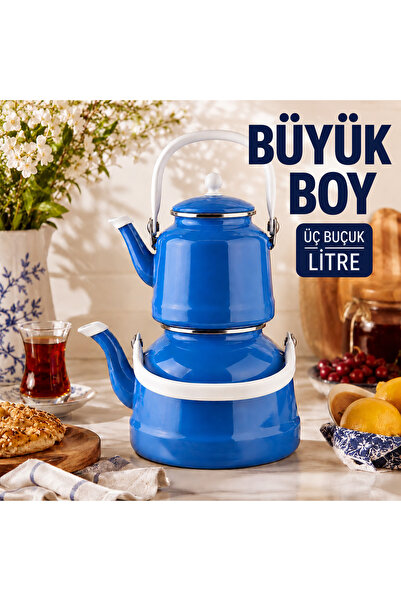 ALEV EMAYE Büyük Boy Emaye Çaydanlık Seti – Üst 1,5 Litre, Alt 3,5 Litre, Kap...
