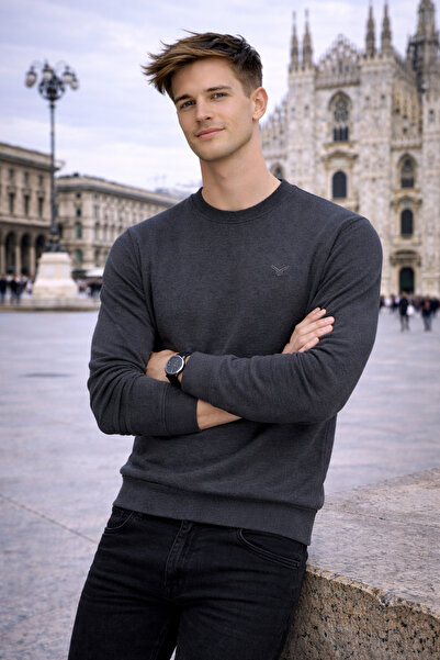 Maccali Men's Basic Crew Neck Loose Anthracite Winter Sweatshirt