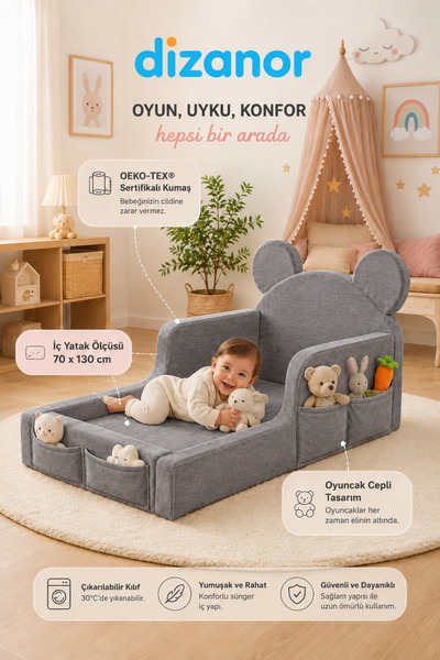 Dizanor Luxury Tedyy Baza ve Başlıklı Montessori Full Sünger Yatak Seti