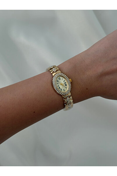 Vintage Kadın Gold Kol Saati Oval Taşlı Kadran Roma Rakamlı Bileklik Tasarım Quartz Saat