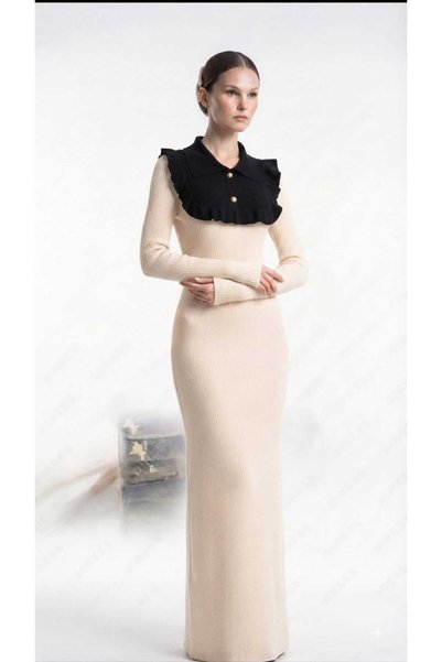 newmisal Women's Tricot Dress with Ruffle Collar Detail