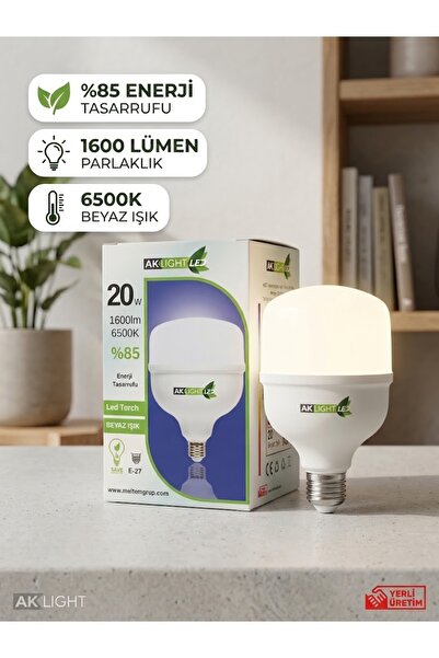 Aklight 20W LED Torch Ampul Beyaz Işık (6500K) 1600 Lümen E27 Duy Enerji Tasa...