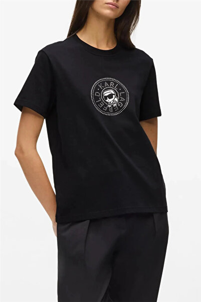 Karl Lagerfeld ikon Rs Circle T-Shirt Kadın Bisiklet Yaka T-Shirt Siyah