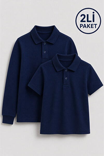 Bambino Unisex Çocuk Lacivert Polo Yaka Okul Tişörtü 2'li Paket – Kısa Kol + ...