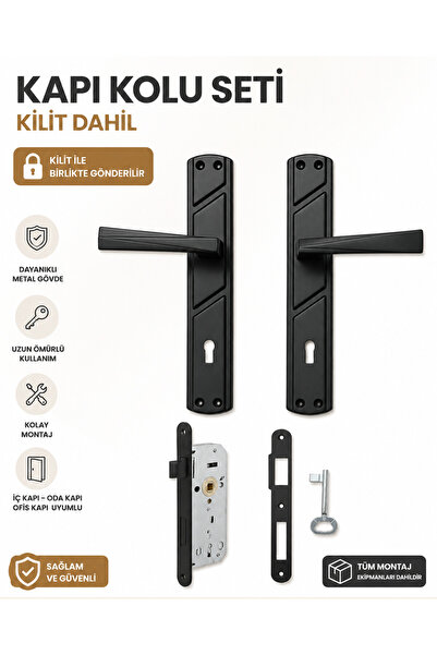 GÜMÜŞ Lüx Prizma Aynalı Kapı Kolu ( Oda ) Mat Siyah ve 40MM Siyah Sessiz Kilit
