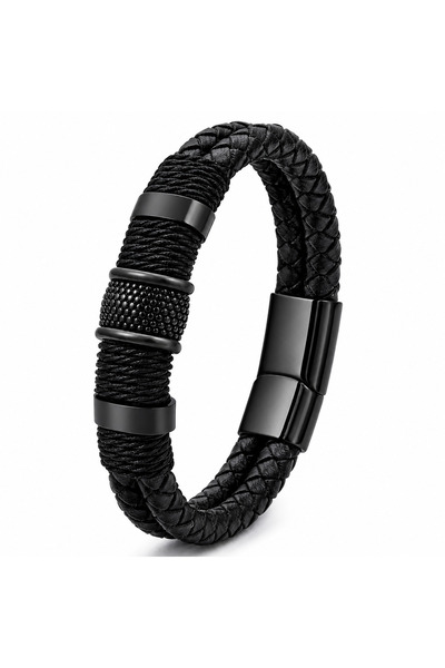 Generic Brand Brățară Bărbătească Neagră – Piele, Inox, Design Modern, Acceso...