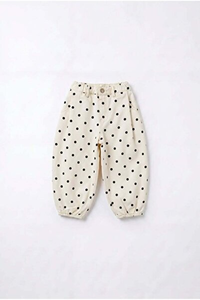 Magu Children's Cotton Black Polka Dot Ecru Elastic Waist Pants