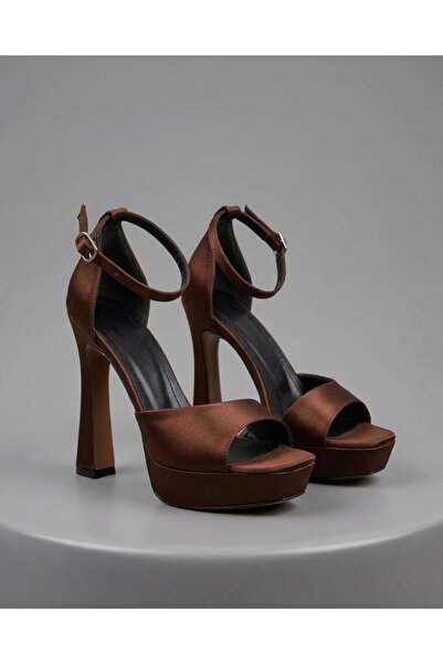 Favi Ayakkabı Plain Brown Satin Single Strap High Platform Heeled Evening Dre...