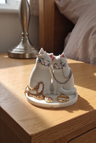 3dfabrick İkili Kedi Figürlü Çok Amaçlı Sabunluk ve Takı Standı - Dekoratif Yüzüklük Organizer