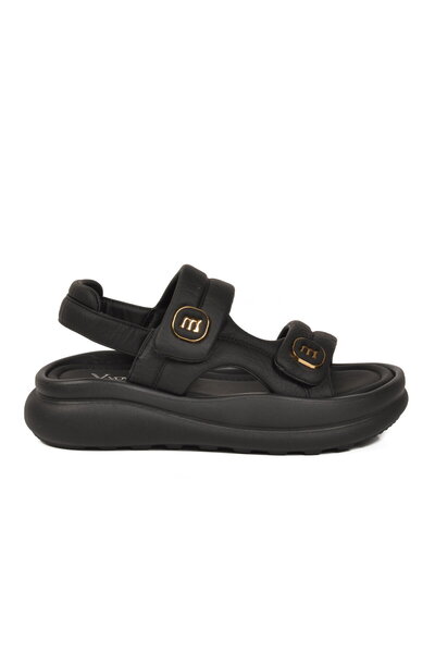 Voyager Black Genuine Leather Velcro Women's Flat Sandals
