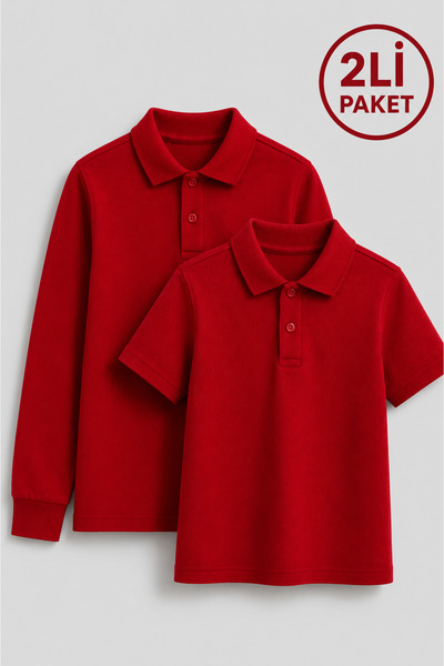 Bambino Unisex Çocuk Kırmızı Polo Yaka Okul Tişörtü 2'li Paket – Kısa Kol + U...
