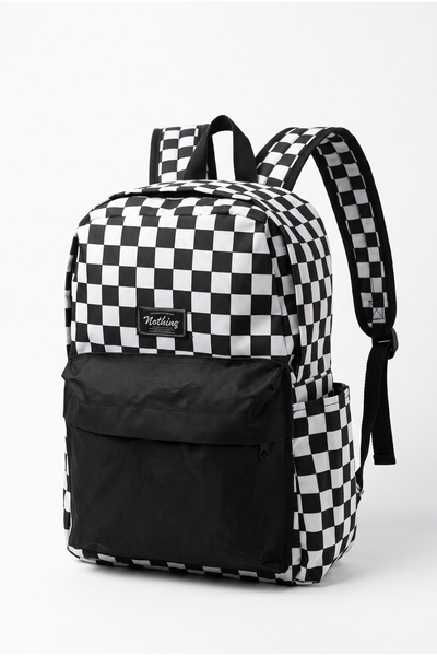 NOTHING Unisex Large Size Checkered Black and White School Backpack with Pockets