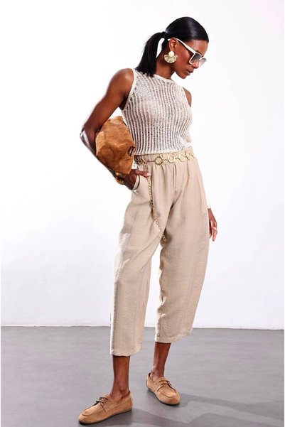 Noravelle Women's Elastic Waist Loose Leg Fabric Pants
