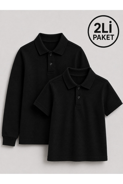 Bambino Unisex Çocuk Siyah Polo Yaka Okul Tişörtü 2'li Paket – Kısa Kol + Uzu...