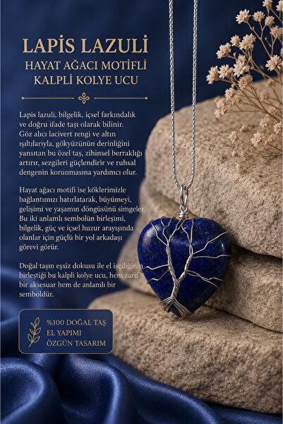 OSMANLI DOĞAL TAŞ Sertifikalı Lapis Kalpli Kolye ( Hayat Ağacı Sarmallı, Çeli...